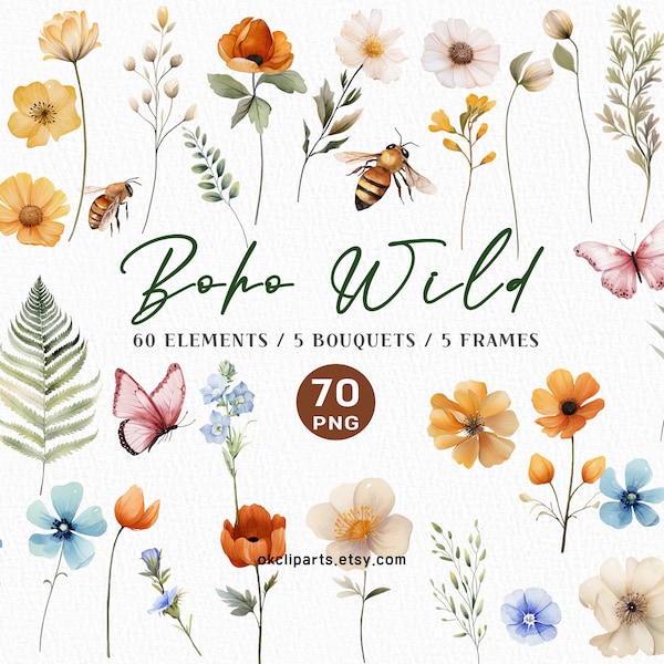 Boho Wild Flowers PNG, Watercolor Wild Flower Bundle, Watercolor Flower Pclipart, Wild Flower Bouquets, Boho Flower Flower, Autumn Wedding