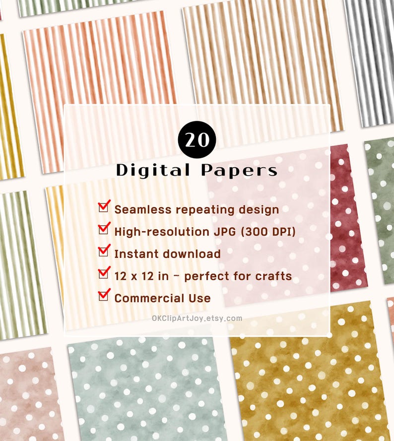 Autumn Digital Paper Pack – Stripes & Polka Dots Seamless Watercolor ...