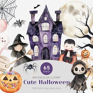 Cute Halloween Clipart Bundle - Watercolor Halloween PNG - Ghost, Witch, Pumpkin, Cat, Spider, Bat, Candy, Haunted House - Commercial Use