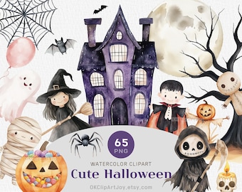Watercolor Halloween Clipart Bundle: Ghost, Witch, Pumpkin (PNG, Commercial Use)
