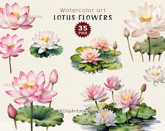 Akwarela Lotus Clipart, Lilie wodne, Sztuka kwiatu lotosu, Zielone liście lotosu PNG, Kwiatowe pobieranie cyfrowe, Grafiki jogi, Zaproszenia kwiatowe