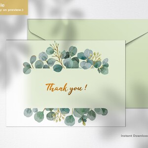 May include: A green thank you card with a watercolor illustration of eucalyptus leaves and the text "Thank you!" in orange.