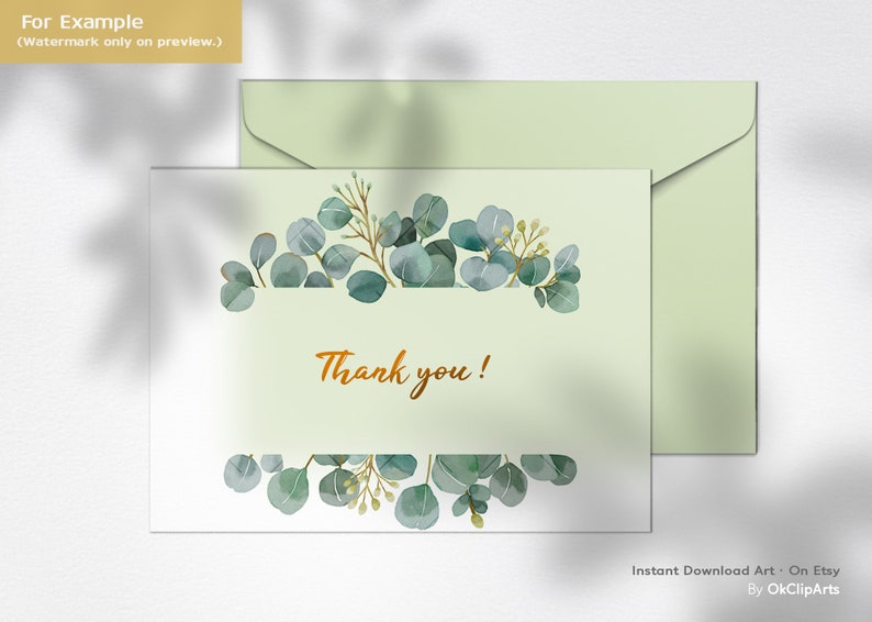 May include: A green thank you card with a watercolor illustration of eucalyptus leaves and the text "Thank you!" in orange.