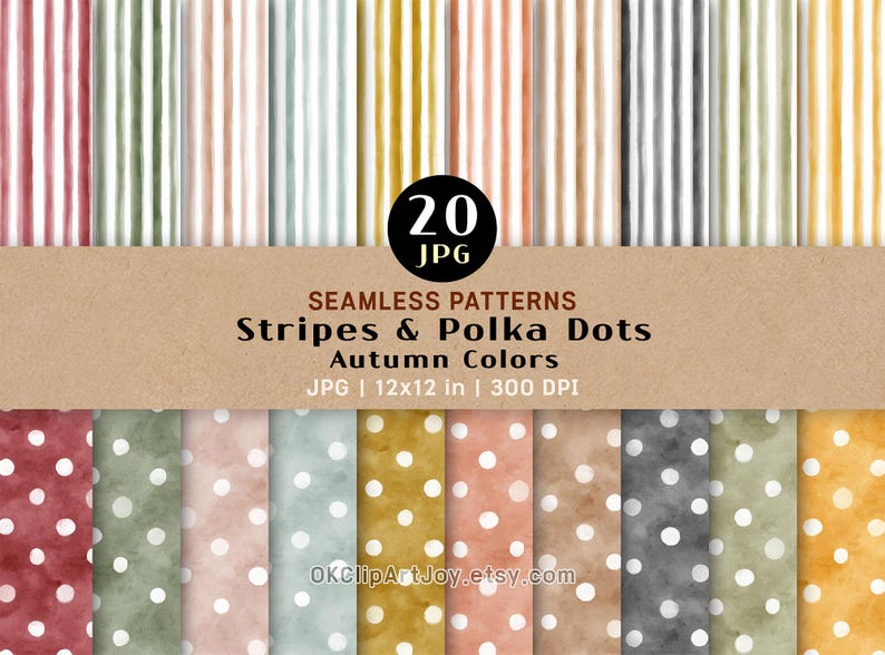 Autumn Digital Paper Pack – Stripes & Polka Dots Seamless Watercolor ...