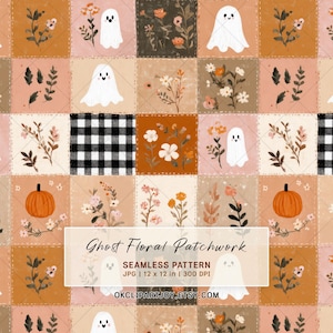 Könnte beinhalten: Ein nahtloses Muster mit einem Patchwork-Gitter aus Quadraten mit Illustrationen von weißen Geistern, orangefarbenen Kürbissen, verschiedenen Wildblumen und schwarz-weißem Karomuster. Der Text lautet Ghost Floral Patchwork SEAMLESS PATTERN JPG 12 x 12 in 300 DPI OKCLIPARTJOY.ETSY.COM.