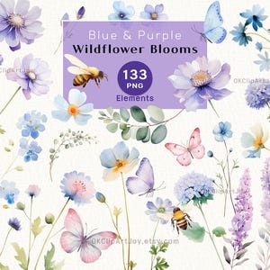 Aquarell Blumen Clipart, wilde florale Elemente, blau & lila, Frühling Wildblumen, Sommer Wildblumen Hochzeit Clipart, Schmetterling Honigbiene