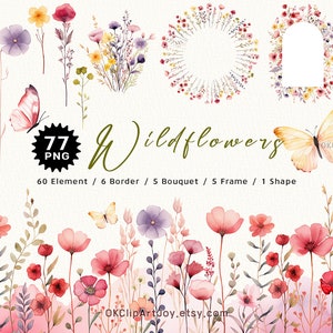 Aquarel bloemen clipart, wilde bloemen bloemen clipart, bloemenrand png, lentebloemen frame, zomer herfstbloemen, digitale uitnodiging png