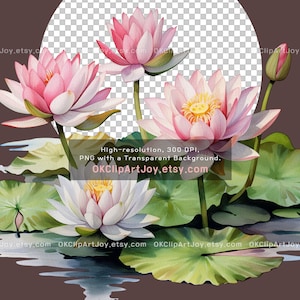Watercolor Lotus Clipart, Water Lilies, Lotus flower Art, Lotus green leaves PNG, Floral Digital Download, Yoga graphics, Flower invitations