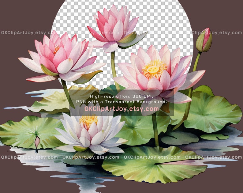 Watercolor Lotus Clipart, Water Lilies, Lotus flower Art, Lotus green leaves PNG, Floral Digital Download, Yoga graphics, Flower invitations