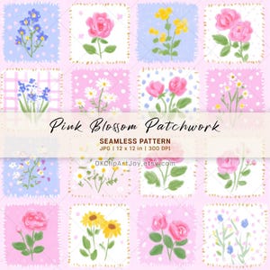 May include: A seamless pattern featuring a patchwork design with various floral illustrations. The squares are in shades of pink and blue, with flowers like roses and daisies. The text "Pink Blossom Patchwork" is displayed across the image. The pattern is 12 x 12 inches.