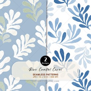 Peut inclure: Deux motifs continus représentant des branches de corail stylisées. Le design de gauche présente du corail blanc sur fond bleu poussiéreux. Celui de droite montre du corail bleu sur fond blanc. Texte : 2 Designs, Blue Coastal Coral, SEAMLESS PATTERNS, JPG | 12 x 12 in | 300 DPI, OKClipArtJoy.etsy.com.