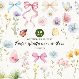 Könnte beinhalten: Aquarell-Cliparts mit pastellfarbenen Wildblumen und Schleifen. Das Bild zeigt verschiedene Blumen, Schmetterlinge, Marienkäfer und Schleifen in Rosa, Blau, Gelb und Weiß. Der Text "Pastel Wildflowers & Bows" ist ebenfalls vorhanden.
