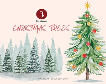 Imágenes Prediseñadas de Navidad de acuarela, imágenes prediseñadas de árbol de Navidad, imágenes prediseñadas de invierno, acuarela de Navidad, pinos de acuarela png, imágenes prediseñadas de Año Nuevo Navidad