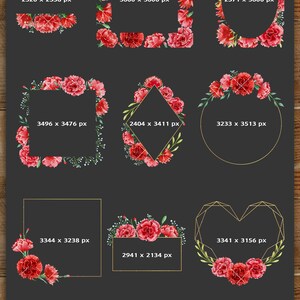 May include: Ten digital images of red carnation flower arrangements in various shapes and sizes. The images are set against a dark gray background with gold geometric frames. The images are 300 DPI and are in RGB color format.