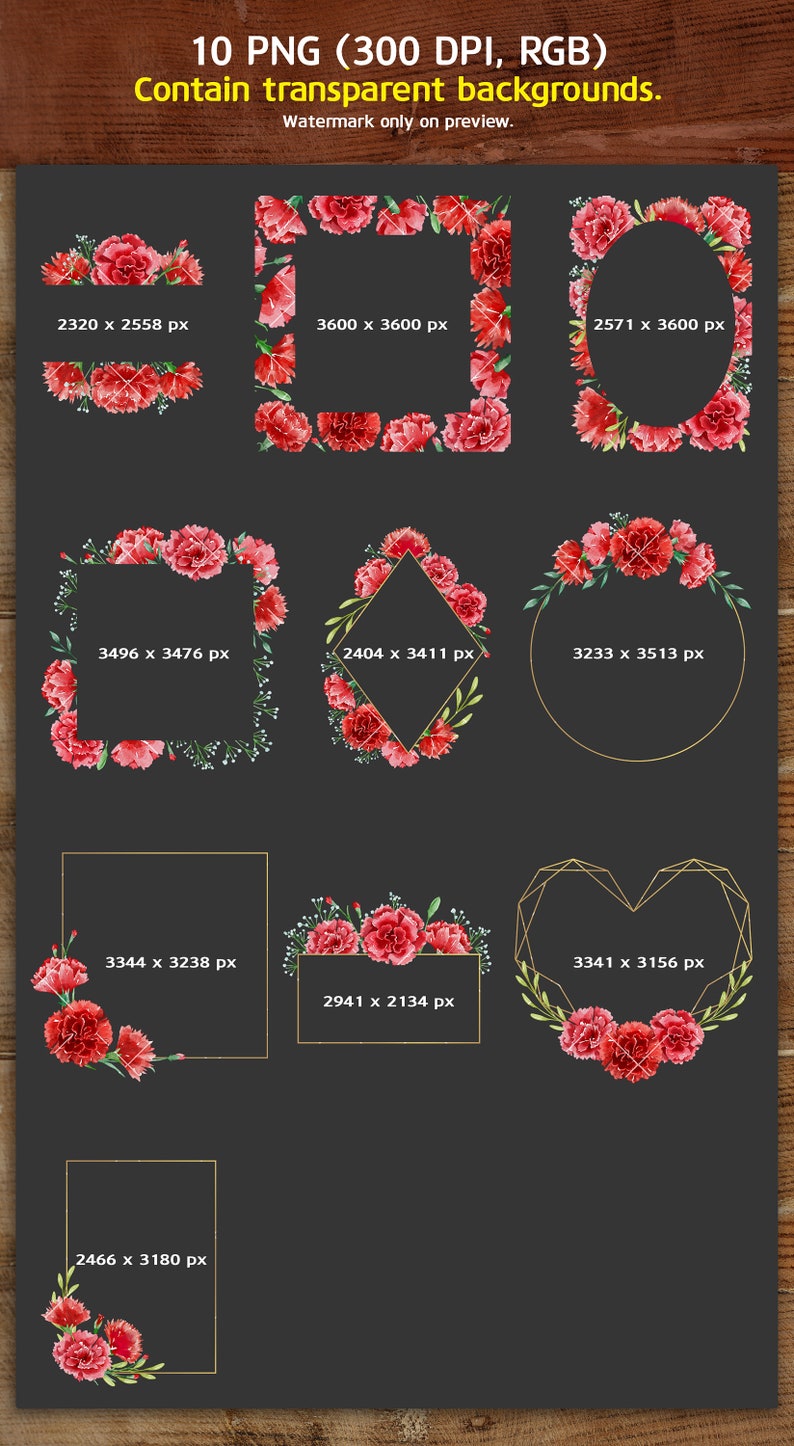 May include: Ten digital images of red carnation flower arrangements in various shapes and sizes. The images are set against a dark gray background with gold geometric frames. The images are 300 DPI and are in RGB color format.