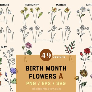 Birth flower svg bundle, Birth month flower, Birth flower tattoo design, Birthflower svg Botanical svg Birthday necklace Rose svg Wildflower