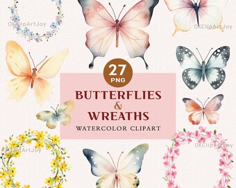 Watercolor Butterfly Clipart: Floral Wreath PNG Stickers (Digital Download)