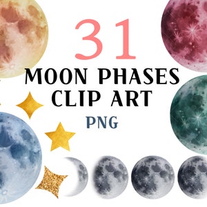 Aquarel maan, volle maan clipart, maanstanden, maan illustraties, maan PNG, maan overlays, digitale overlays, maan clipart, aquarel Galaxy