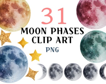 May include: 31 Moon Phases Clip Art PNG. A set of 31 digital illustrations of the moon in various phases, including a full moon, crescent moon, and new moon. The moon phases are depicted in watercolor style with different colors, including blue, green, and pink.