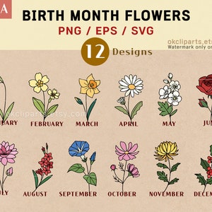 Fiore di nascita SVG, Fiore del mese di nascita, Tatuaggio del fiore di nascita, Disegno del tatuaggio, Mazzo di fiori colorati, Collana di fiori, Svg botanico di fiori di campo