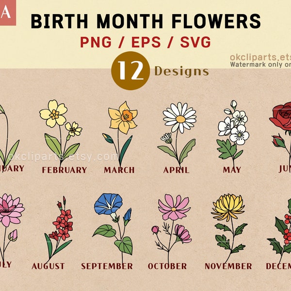 Birth Flower SVG, Birth Month Flower, Birth Flower Tattoo, Tattoo Design, Colorful Flower Bundle, Flower Necklace, Wildflower Svg Botanical