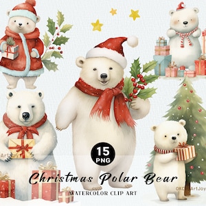 Clipart de Urso Polar de Natal 15 PNG, Download Digital de Alta Qualidade, Animal de Natal, Licença Comercial, Cartão de Feliz Natal, Inverno