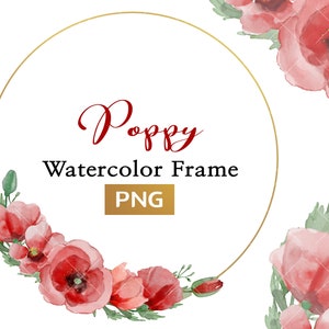 Clipart cadre floral printanier, coquelicot rouge aquarelle, fleurs de coquelicots, cadre doré bohème, illustration de feuilles, faire-part de mariage, carte de voeux