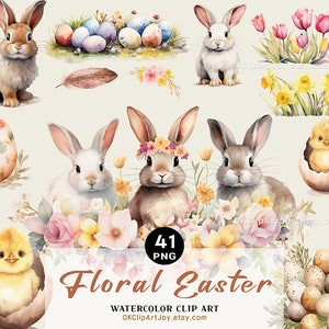 Aquarel Pasen schattige dieren en bloemen clipart, paaskonijnen, kwekerij lente konijntjes, tulp, narcis bloementuin, konijn PNG sticker