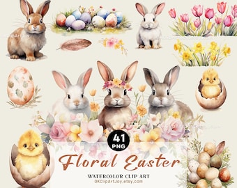 Akvarell påsk söta djur och blommor clipart, påskkaniner, plantskola vårkaniner, tulpan, påsklilja blomma trädgård, kanin PNG klistermärke