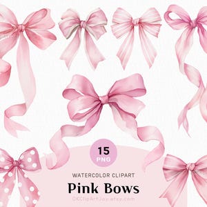 Puede incluir: Clipart de acuarela de lazos rosas en varios diseños. Algunos lazos presentan patrones de rayas o lunares. La imagen incluye el texto "Pink Bows" y "15 PNG".