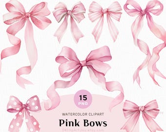 Conjunto de imágenes PNG de lazos de acuarela rosa, 15 lazos en tonos pastel ruborizados para invitaciones y álbumes de recortes.