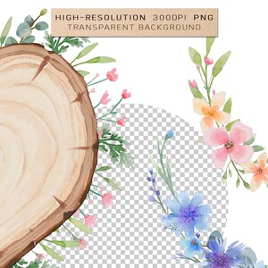 May include: A watercolour illustration of a wood slice with pink and blue flowers. The wood slice is a light brown colour and has a natural wood grain. The flowers are arranged around the wood slice and are in a variety of shades of pink and blue.