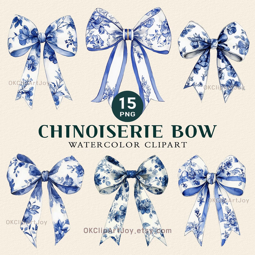 Blue Chinoiserie Bow Bundle Png, Blue and White Coquette Bows Png, Blue ...