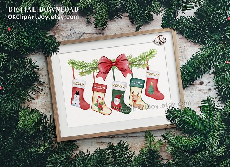 Christmas stocking clipart, Christmas clipart, Watercolor christmas, Traditional xmas, Sublimation ornament, Sublimation designs, Santa clipart bundle, Stocking elements, Stocking names, Christmas botanical, Winter greenery, Christmas flower png