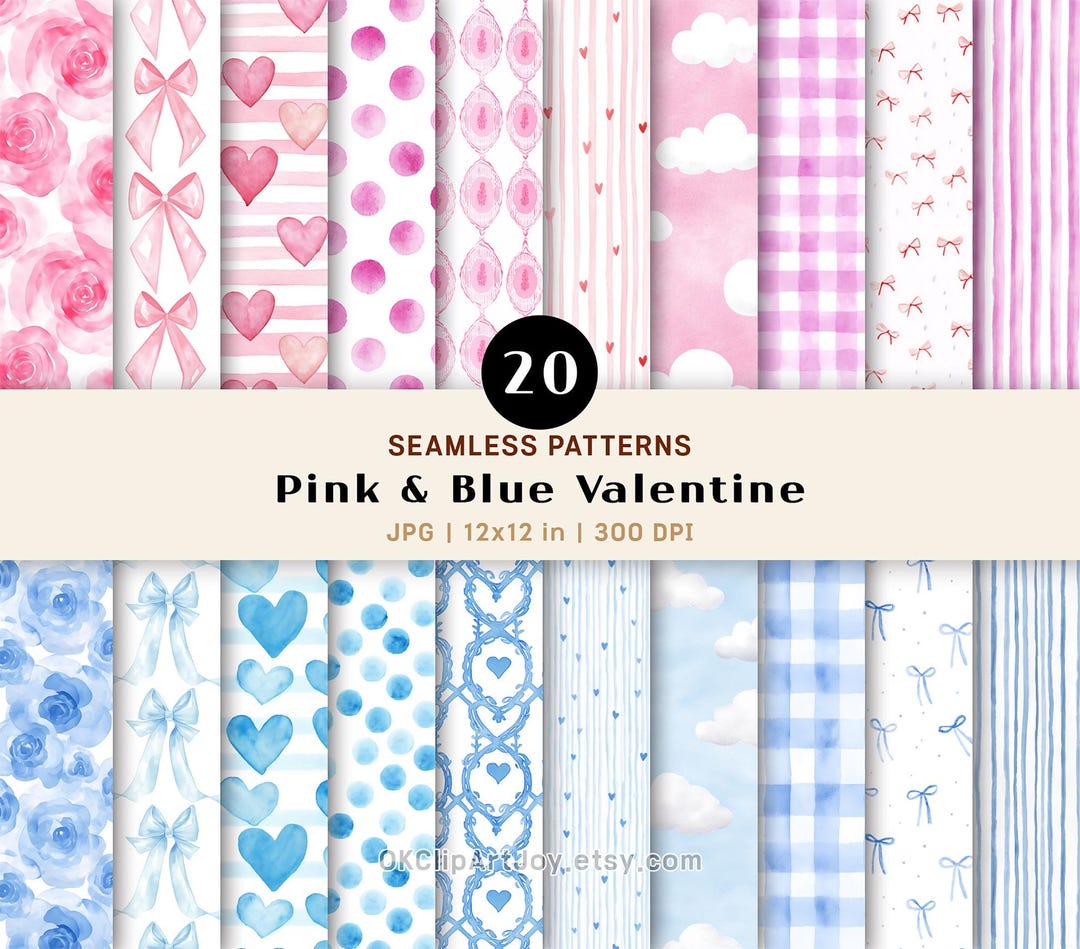 Valentine Digital Paper Pack – Pink Blue Watercolor Seamless Patterns ...