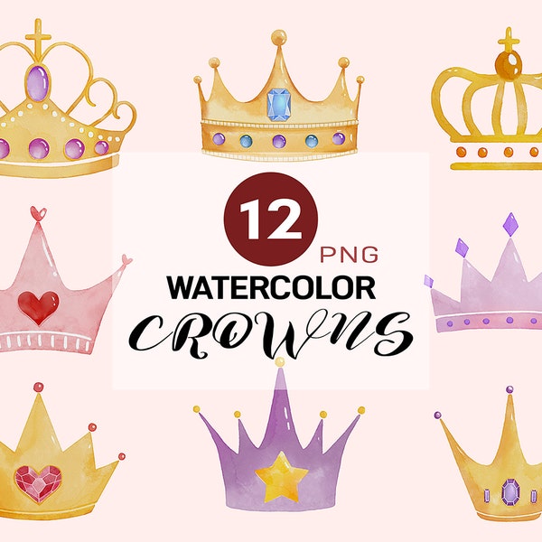 Watercolor Crowns, Golden Tiara, Crown Clip Art, Watercolour Clipart, Gold Golden Crowns Planners Digital Clipart Logo Crowns Princess Crown