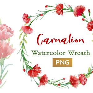 Aquarell roter Nelkenkranz, Frühling Clipart, Blumengrafik, Boho Valentine PNG, Brautkranz, Hochzeit PNG, Blätter, Postkarte, Grün