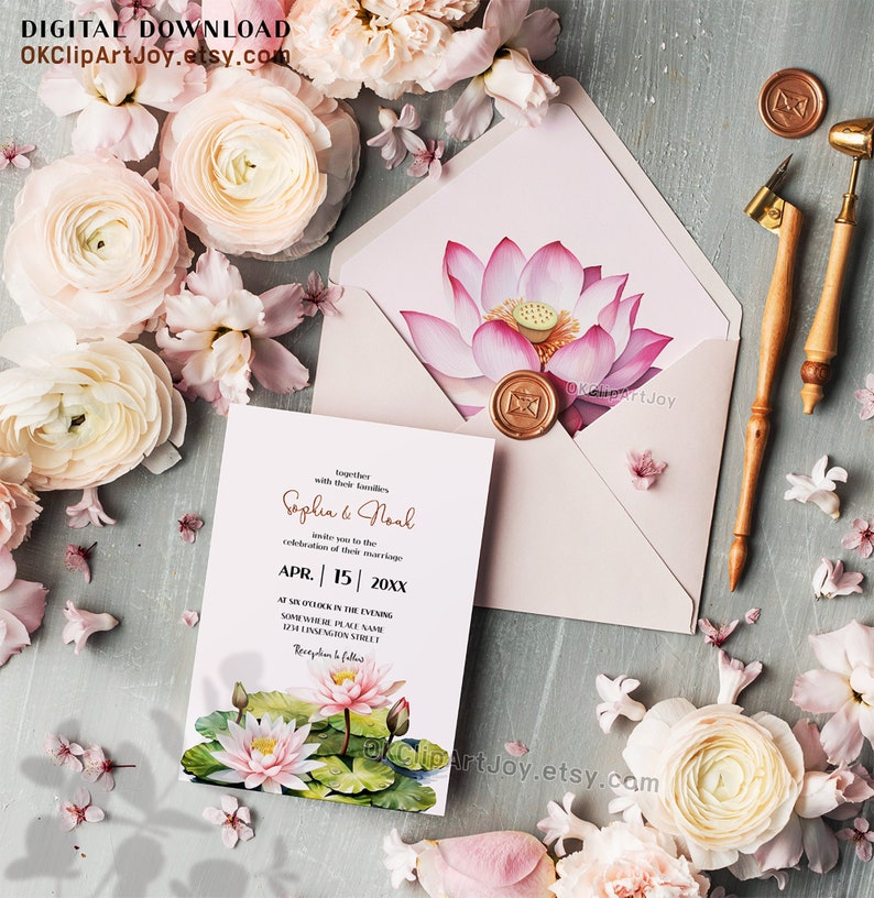 Watercolor Lotus Clipart, Water Lilies, Lotus flower Art, Lotus green leaves PNG, Floral Digital Download, Yoga graphics, Flower invitations