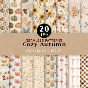 Puede incluir: Una colección de 20 patrones sin costuras con un tema de otoño acogedor. Los patrones presentan calabazas, girasoles, diseños florales y follaje de otoño en colores cálidos. La imagen incluye el texto "Cozy Autumn" y "JPG | 12x12 in | 300 DPI".