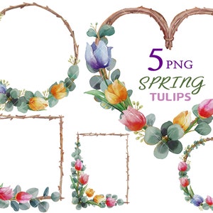 Couronne florale de printemps, Clipart de tulipes, Fleurs d’aquarelle, Aquarelle Tulipes, Aquarelle Cartes florales de printemps Rose de printemps Tulipe Clipart floral