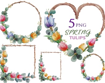 Spring Floral Wreath, Tulips Clipart, Watercolor Flowers, Watercolor Tulips, Watercolor Spring Floral Cards Spring Pink Tulip Floral Clipart