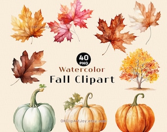 May include: Watercolor clipart set of fall leaves, pumpkins, and a tree. The leaves are in shades of red, orange, yellow, and brown. The pumpkins are green and orange. The tree is a maple tree with red, orange, and yellow leaves. The text "40 PNG Watercolor Fall Clipart" is in the center of the image.