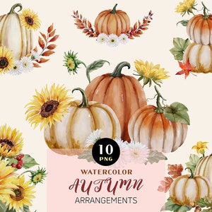 Clipart floral de acuarela de otoño, clipart de otoño, acuarela de otoño, clipart de calabaza, acuarela de calabaza, clipart de Acción de Gracias, decoración de calabaza