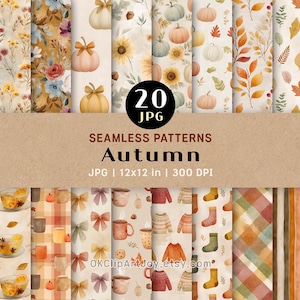 May include: A collection of 20 seamless Autumn patterns in JPG format, each 12x12 inches at 300 DPI. The designs feature watercolor illustrations of pumpkins, flowers, leaves, mugs, sweaters, and socks in warm autumnal colors.
