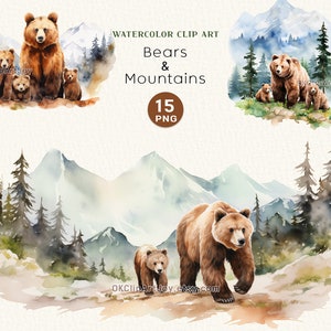 Imágenes Prediseñadas de oso y montaña de acuarela, PNG de montañas, imágenes prediseñadas de oso familiar, imágenes prediseñadas de acuarela, imágenes prediseñadas de paisaje de montaña, imágenes prediseñadas de bosque, árbol