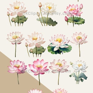 Watercolor Lotus Clipart, Water Lilies, Lotus flower Art, Lotus green leaves PNG, Floral Digital Download, Yoga graphics, Flower invitations