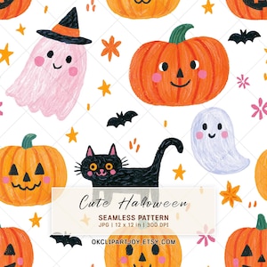 Könnte beinhalten: Ein nahtloses Muster mit orangefarbenen Kürbissen, einem rosa Geist mit schwarzem Hexenhut, einem weißen Geist und einer schwarzen Katze auf weißem Grund. Das Design enthält kleine schwarze Fledermäuse und gelbe Sterne. Text: Cute Halloween SEAMLESS PATTERN JPG | 30,48 x 30,48 cm | 300 DPI OKCLIPARTJOY.ETSY.COM