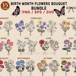 Bundle mois de naissance fleurs SVG, Svg floral et botanique, Svg de bouquets de fleurs, roses, marguerites, pavot, fleur de tatouage, lignes Svg, PNG, cadeaux personnalisés