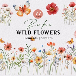 Watercolor Floral Borders, Wild Flowers, Watercolor Flowers Clipart, Premade Borders Clipart, Wedding Clipart Meadow flower Digital Download