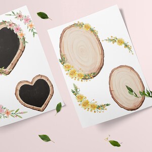 May include: Two printable sheets featuring watercolour illustrations of wood slices and heart shapes. The wood slices are adorned with yellow flowers and the heart shapes are decorated with pink flowers. The sheets are ideal for crafting and scrapbooking.
